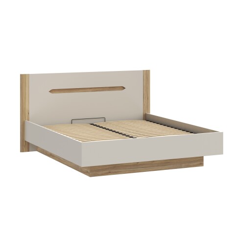 Stauraumbett >EDWAL< Lift-Lattenrost, sandfarbig / Eiche Dekor - 196,2x105,7x206,6cm BxHxT