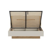 Stauraumbett >EDWAL< Lift-Lattenrost, sandfarbig / Eiche Dekor - 196,2x105,7x206,6cm BxHxT
