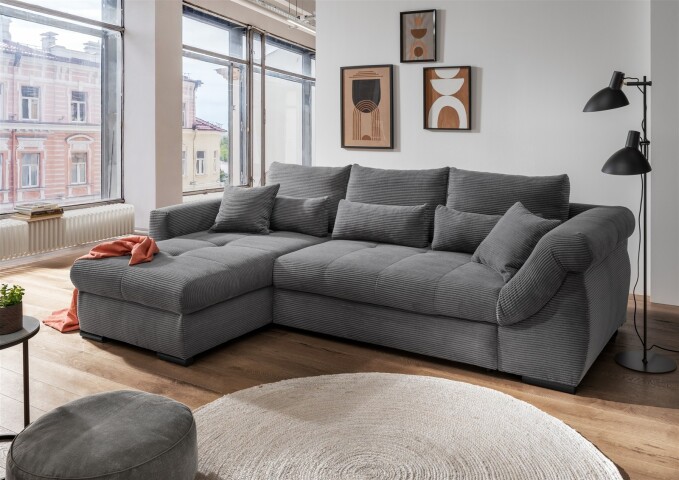 Polsterecke >Felicia< Stauraum, Schlaffunktion, Cord grau - 302x89x188cm (BxHxT)