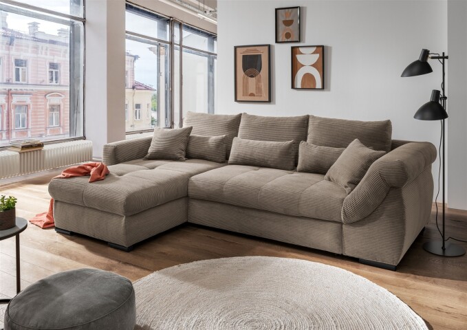 Polsterecke >Felicia< Schlaffunktion, Stauraum, Cord grau-braun - 302x89x188cm (BxHxT)