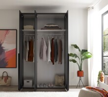 Drehtürenschrank >Kevo< 2 Böden, 2 Stangen, Spiegel, Graphit, Dekor - 135x225x52cm (BxHxT)