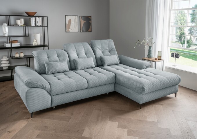 Polsterecke >Devland< Schlaffunktion, Stauraum, Cord Aqua - 273x105x189cm (BxHxT)