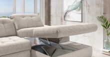 Polsterecke >Devland< Schlaffunktion, Kopfteilverstellung, Cord beige - 273x105x189cm BxHxT