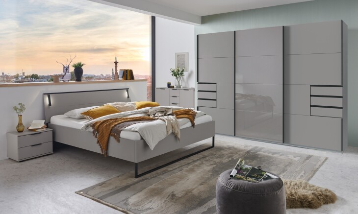 Schlafzimmer-Set >Tilburg< (5tlg.) Bett 188x92x210cm, Schrank, Kommoden, Saharagrau / Grafit