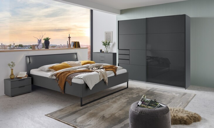 Schlafzimmer-Set >Tilburg< (5tlg.) Bett 188x92x210cm, Schrank, 2 Nachtkommoden, Sideboard, Grafit