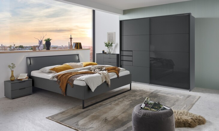 Schlafzimmer-Set >Tilburg< (5tlg.) Bett 168x92x210cm, Schrank, 2 Nachtkommoden, Sideboard, Grafit