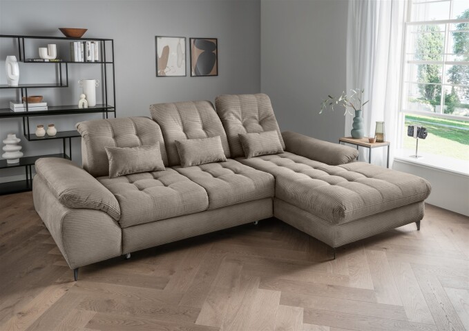 Polsterecke >Devland< Schlaffunktion, Stauraum, Cord grau-braun - 273x105x189cm (BxHxT)