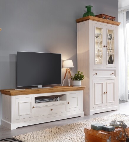 Wohnwand >WZ-0133< (2-teilig) weiss / eichefarbig - 298x214x42 (BxHxT)