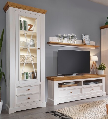 Wohnwand >WZ-0133< (3-teilig) weiss / eichefarbig - 248x214x42 (BxHxT)