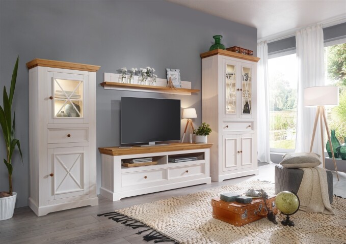 Wohnwand >WZ-0133< (4-teilig) weiss / eichefarbig - 357x214x42 (BxHxT)
