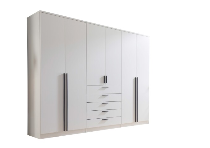Drehtürenschrank >Arnis< 6 Türen, 5 Schubladen, Weiß - 270x210x52cm (BxHxT)