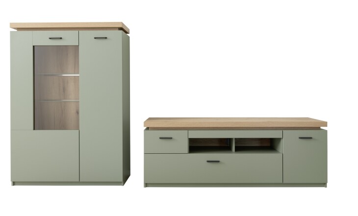 Wohnwand >MONIZ< (2-teilig) Salbei /Eiche, Lowboard 156x57x44cm, Highboard 98x144x38cm
