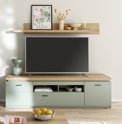 Wohnwand >MONIZ< (2-teilig) Salbei/Eiche, Lowboard 195x57x44cm, Wandboard 175x22x26cm