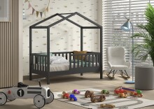 Hausbett >Junior< in Kiefer Anthrazit, Massivholz -...