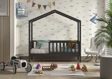 Hausbett >Junior< in Kiefer Anthrazit, Massivholz - 148x150,6x75,8cm (BxHxT)