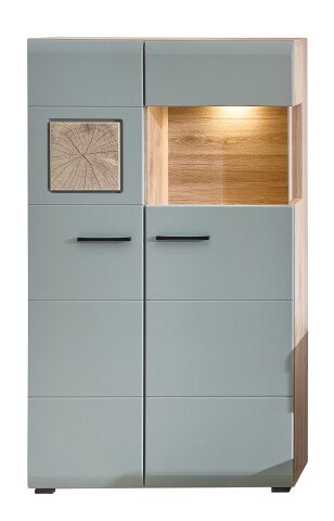 Vitrine >Kathlin< 2 Türen, inkl. LED, schilfgrün / Eiche Dekor - 80x139x37 (BxHxT)