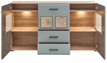 Kommode >Kathlin< 2 Türen, 3 Schübe, LED, schilfgrün / Eiche Dekor - 170x94x42 (BxHxT)