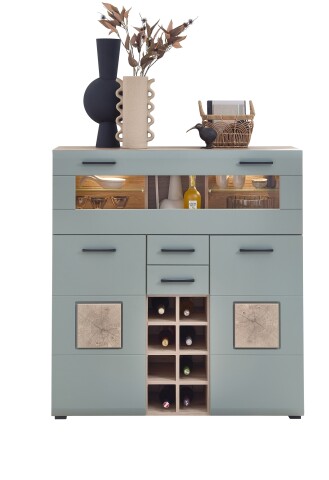 Barschrank >Kathlin< Barfach, Stauraum, LED, schilfgrün / Eiche Dekor - 120x129x37 (BxHxT)