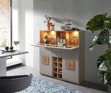 Barschrank >Kathlin< Barfach, Stauraum, LED, basalt / Eiche Dekor - 120x129x37 (BxHxT)