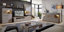 Barschrank >Kathlin< Barfach, Stauraum, LED, basalt / Eiche Dekor - 120x129x37 (BxHxT)
