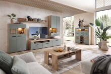 Wohnwand >Kathlin< (3-teilig) schilfgrün / Eiche Dekor - ca. 320x139x47 cm (BxHxT)