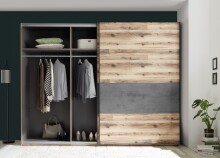 Schwebetürenschrank >ALICANTE< 3 Böden, 3 Stangen, Alpine Lodge / Betonoxid - 270x210x60 (BxHxT)