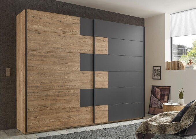 Schwebetürenschrank >LINEA< in Bartex Eiche / Graphit - 270x211x58cm (BxHxT)