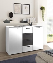 Sideboard >ASCHAU< 4 Schübe, 2 Türen, Weiß / Graphit - 140x89x38cm (BxHxT)