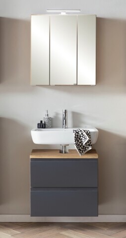 Badmöbel-Set >Paris< (2-teilig) in grau / Wotaneiche-Dekor - 60x195x35cm (BxHxT)
