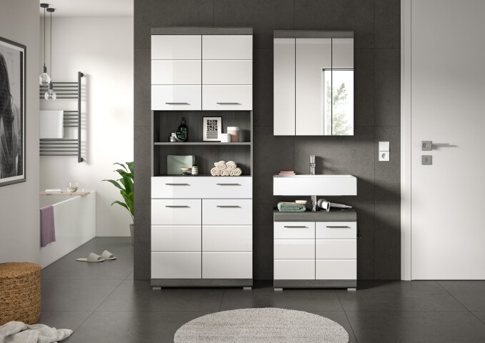 Badezimmer-Set >Scout< in Rauchsilber / Weiß Hochglanz - 149x191x34cm (BxHxT)