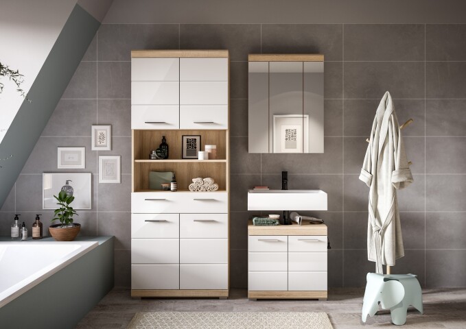 Badezimmer-Set >Lambada< in Sonoma Eiche / Weiß Hochglanz - 149x191x34cm (BxHxT)