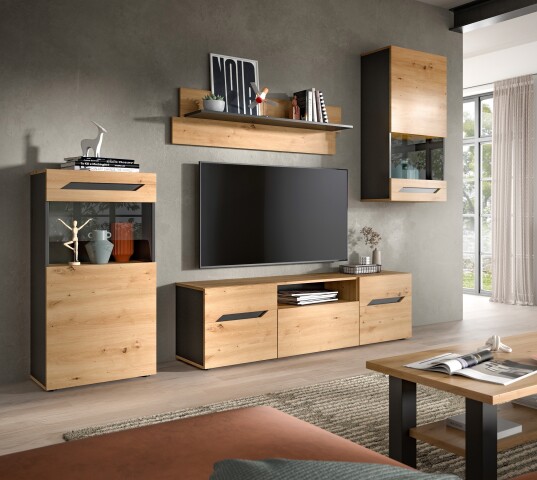 Wohnwand >Caserta< in Basalt Grau / Artisan Eiche - 253x196x40cm (BxHxT)