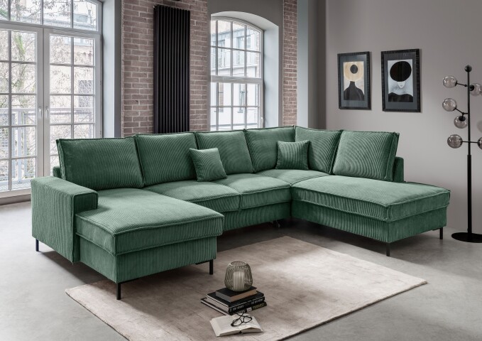 Wohnlandschaft >Rube< Schlaffunktion, Stauraum, Cord moosgrün - 198x92x309cm (BxHxT)