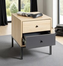 Nachtkommode >55496< 2 Schubladen, anthrazit, eiche Dekor, schwarz - 40x50x45 (BxHxT)
