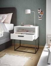 Nachtkommode >CUDRO< 1 Schublade, 1 Fach, Weiß / schwarz - 60x65x38,5cm (BxHxT)