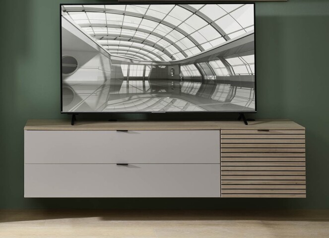 Wohnwand >Ina< (2-teilig) in Riva Eiche Dekor / Cashmere - 200x51x44 (BxHxT)