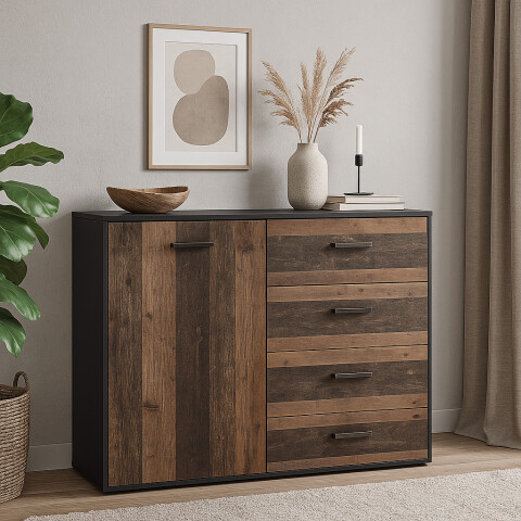 Kommode >Texas< in schwarzstahl / texas oak, Holzwerkstoff - 118x97x41cm (BxHxT)
