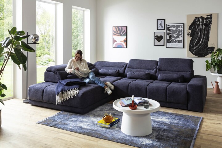 Polstergarnitur >Donaugh< inkl. aller Funktionen, in blau-schwarz - 323x76x231 (BxHxT)