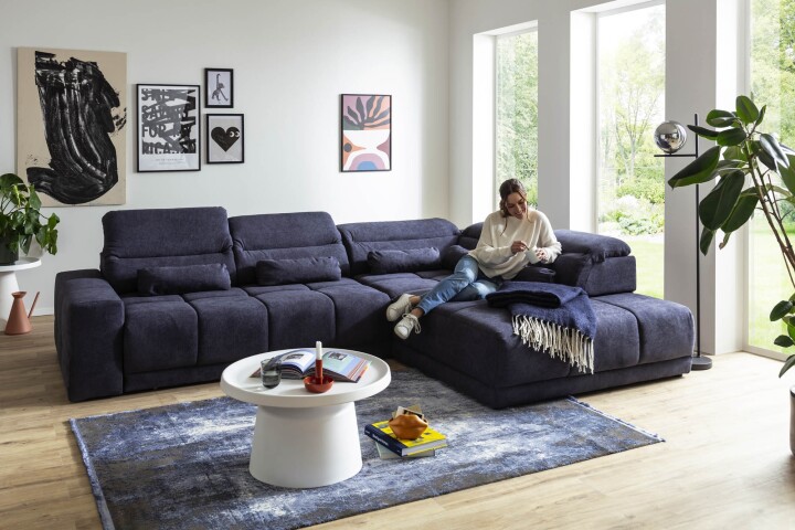 Polstergarnitur >Donaugh<  inkl. aller Funktionen, blau-schwarz - 323x76x231 (BxHxT)