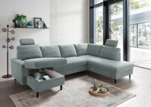 Wohnlandschaft >Pris< U-Form, Funktionen, cord aqua - 153x305x75x200 (LxBxHxT)
