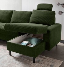 Wohnlandschaft >Pris< U-Form, Funktionen, cord Moosgrün - 153x305x75x200 (LxBxHxT)
