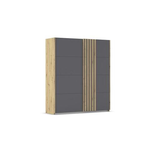 Schwebetürenschrank >Mosbach< grau metallic / Eiche Artisan - 181x210x62 (BxHxT)