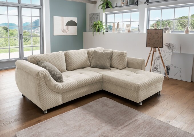 Polsterecke >Allin< Bettfunktion, beige / grau-braun, Cord - 250x66x190cm (BxHxT)