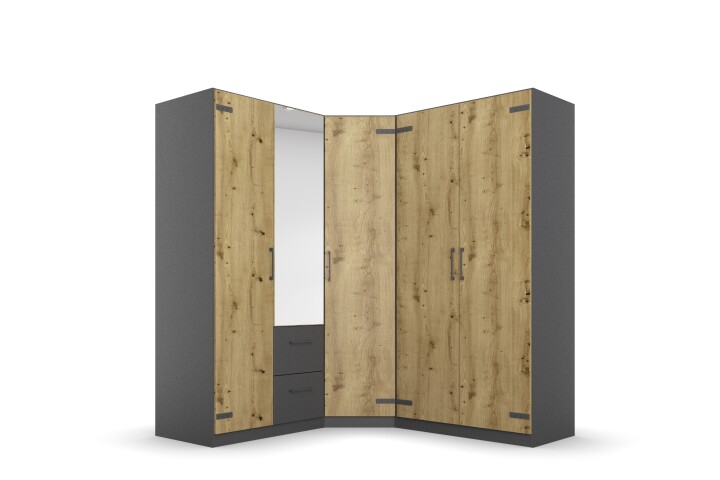 Eckkleiderschrank >Butte< in Eiche Artisan Dekor / grau - 176x197x176 (BxHxT)