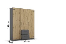 Drehtürenschrank >Butte< in Eiche Artisan Dekor / grau - 136x197x55 (BxHxT)