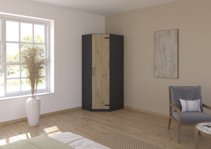 Eckkleiderschrank >Butte< in Eiche Artisan Dekor / grau - 85x197x72 (BxHxT)
