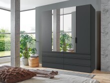 Falttürenschrank >OXFORD< Schubladen, in GRAPHIT und Spiegel - 200x216x58cm (BxHxT)