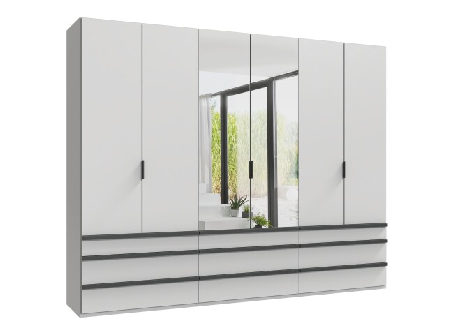 Falttürenschrank >OXFORD< in WEISS mit Spiegel - 300x216x58cm (BxHxT)