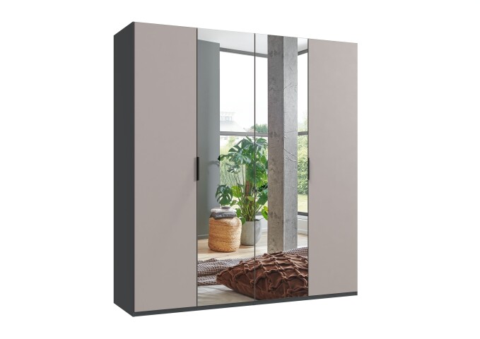 Falttürenschrank >OXFORD< in Saharagrau / Grafit / Spiegel - 200x216x58 (BxHxT)