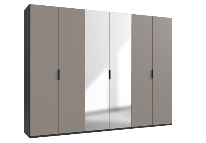 Falttürenschrank >OXFORD< in Saharagrau / Grafit / Spiegel - 300x216x58 (BxHxT)